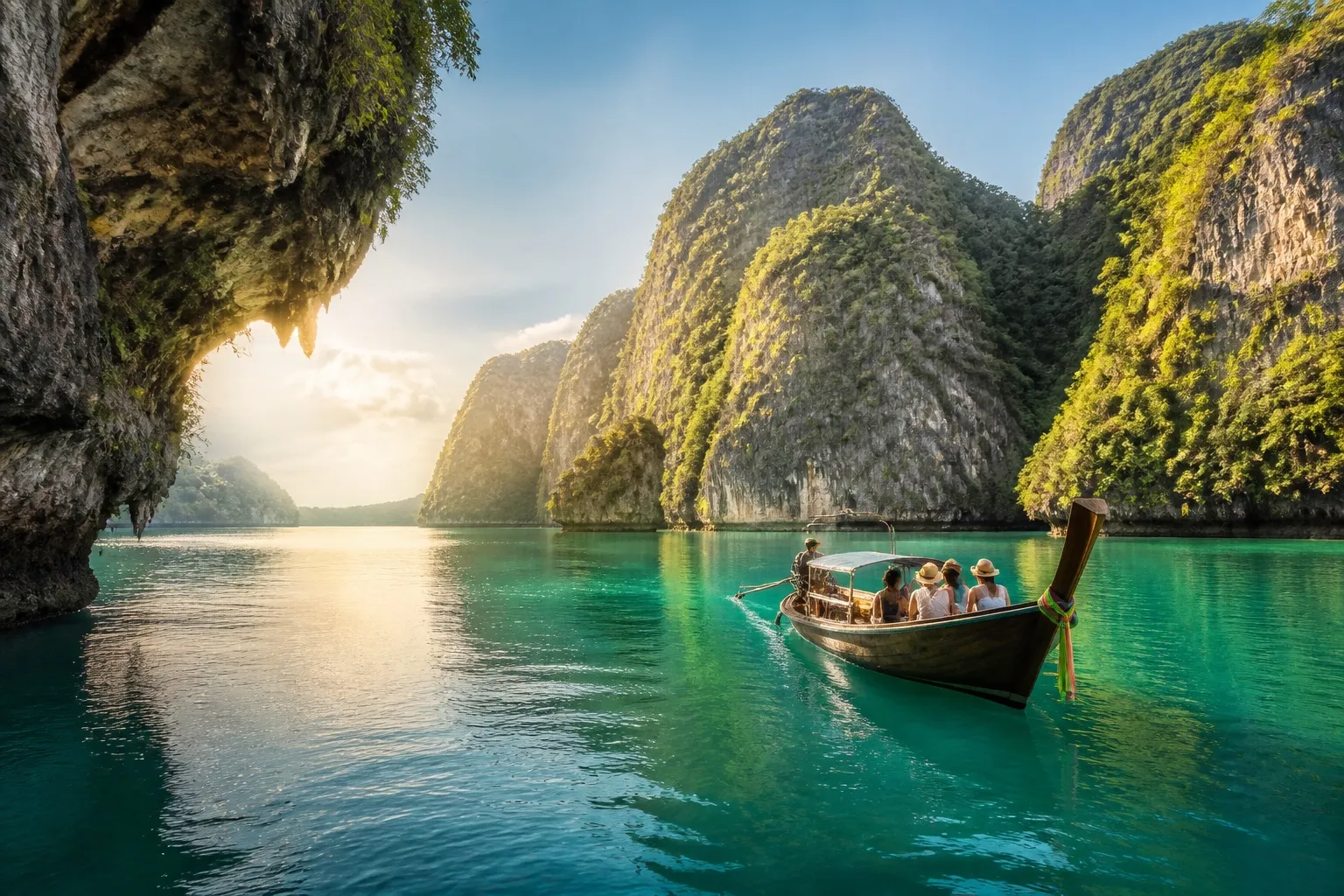 Travellers exploring a tropical Asia-Pacific island lagoon by long-tail boat