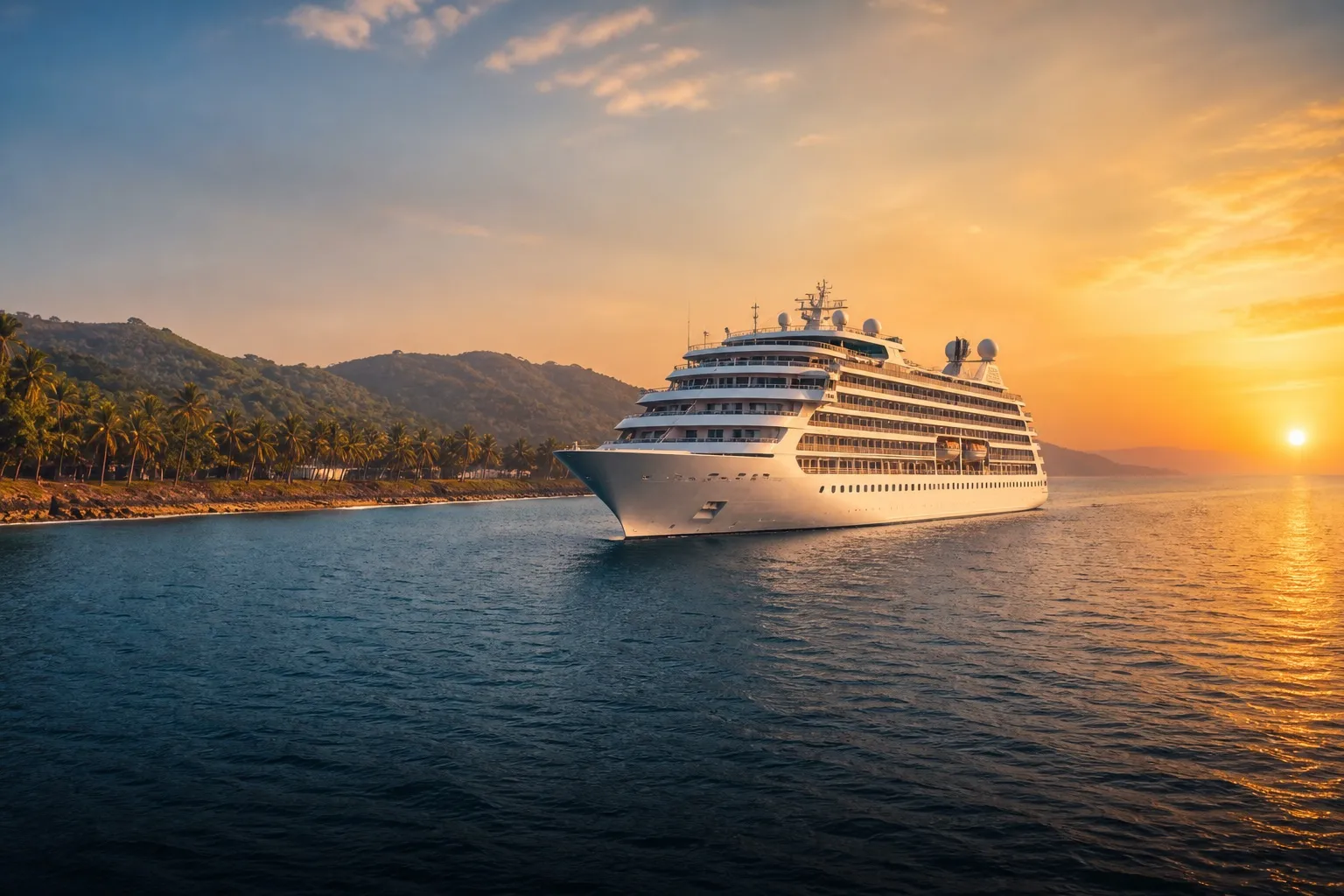 Cruise ship sailing beside India’s palm-lined western coastline at sunset