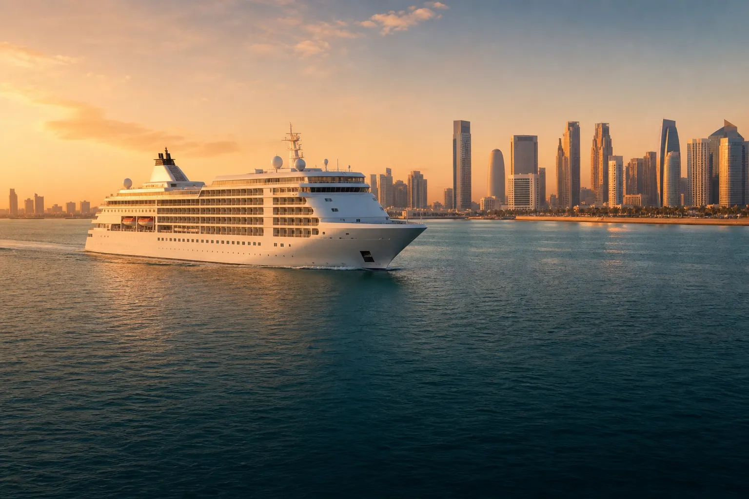 Cruise ship sailing past a contemporary Gulf waterfront at sunset